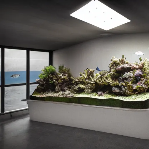 Image similar to aquarium, interior in the brutalist style