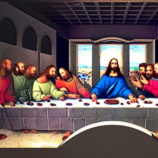 Prompt: in a space technology museum, a futuristic hologram art of The Last Supper by Leonardo Da Vinci