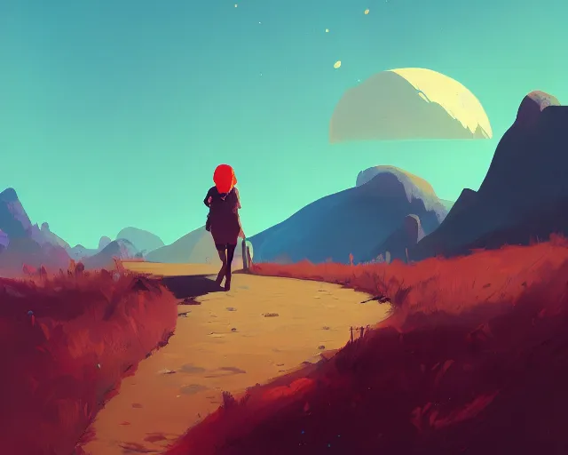 Prompt: a dreamy explorer wandering new friendly lands on a bright sunny day by atey ghailan