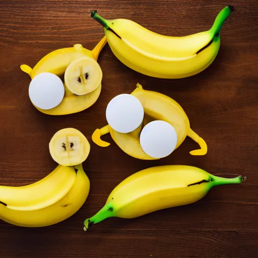 Image similar to professional photograph of banana ducks, peeled bananas with googly eyes and duck beaks