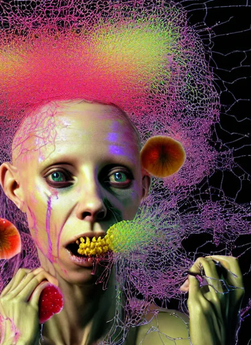 Image similar to hyper detailed 3d render like a Oil painting - Yolandi Visser seen Eating of the Strangling network of yellowcake aerochrome and milky Fruit and Her delicate Hands hold of gossamer polyp blossoms bring iridescent fungal flowers whose spores black the foolish stars by Jacek Yerka, Mariusz Lewandowski, Houdini algorithmic generative render, Abstract brush strokes, Masterpiece, Edward Hopper and James Gilleard, Zdzislaw Beksinski, Mark Ryden, Wolfgang Lettl, hints of Yayoi Kasuma, octane render, 8k