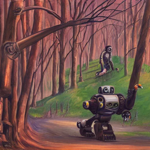 Image similar to a beautfiul painting of a robot running througj a forest,8k