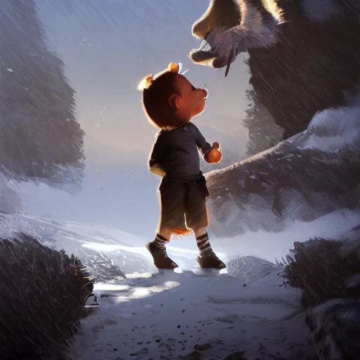 Prompt: calvin & hobbs, realistic, portrait, intricate, detailed, volumetric lighting, scenery, digital painting, highly detailed, artstation, sharp focus, illustration, concept art, ruan jia, steve mccurry