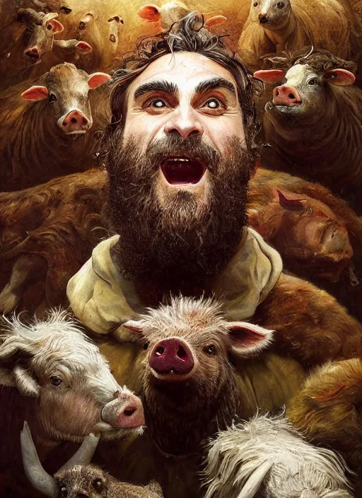 Image similar to a hyper detailed painting of joaquin phoenix surrounded by animals, cow, pig, sheep, chicken, horror, by anna podedworna, by miklos ligeti, by diego maricato, by taran fiddler, by antonino truisi, by chris reddie, by jinsung lim, trending on artstation