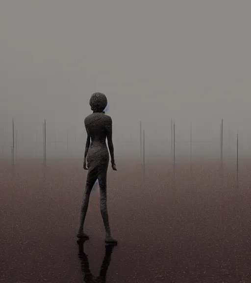 Prompt: surreal woman sculpture made of fence spike, in the gallery, foggy sky, dark night, octane render, unreal engine, pale colors, high detail, 8 k, wide angle, trending on artstation, behance