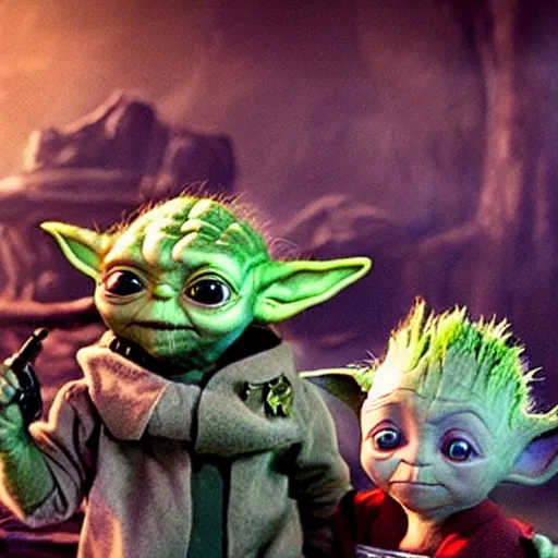 Image similar to baby yoda arguing with groot wearing star trek uniforms. high resolution.