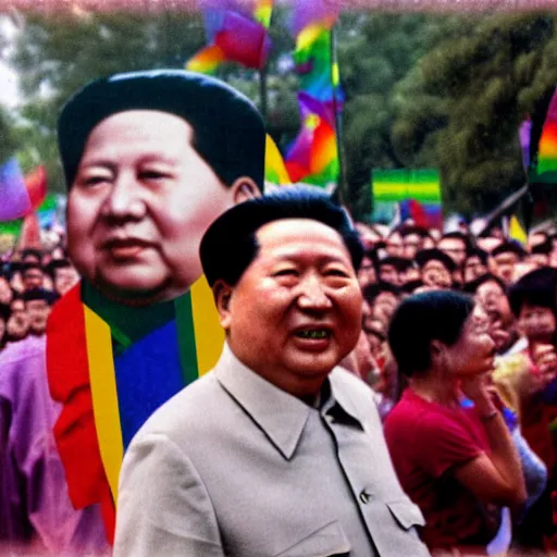 Prompt: mao zedong in a pride parade, photography, street, lgbt,