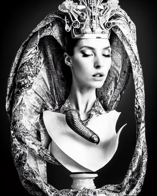 Prompt: a black and white high quality dreamy photo of a young beautiful female queen-silver dragon-vegetal-flower-cyborg veiled bust with a very long steampunk cyborg neck, elegant, highly detailed, poetic, soft, dreamy, mysterious, high fashion, in the style of Horst P. Horst, Metropolis, Realistic, Refined, Digital Art, Highly Detailed, Cinematic Lighting, rim light, black and white, photo-realistic, 8K
