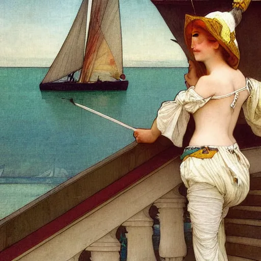 Prompt: A jester girl behind the beach castle balustrade, sail boat on the background, major arcana clothes, by paul delaroche, alphonse mucha and arnold böcklin arnold böcklin hyperrealistic 8k, very detailed