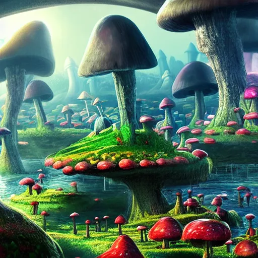 Image similar to beautiful matte art of the mushroom kingdom in the style of futuristic, photo realistic, 8 k uhd, high resolution, concept art detailed realistic, highly detailed, lighting, hyperrealistic, unreal engine