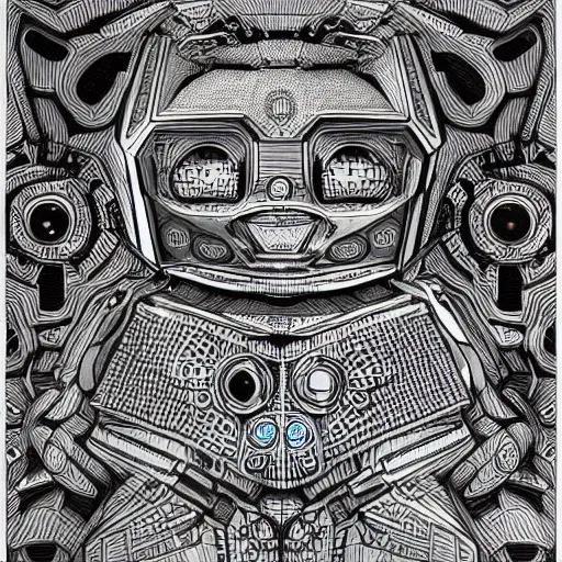 Prompt: Geometrically surreal Robot extremely high detail, photorealistic, intricate line drawings, dotart, album art in the style of James Jean