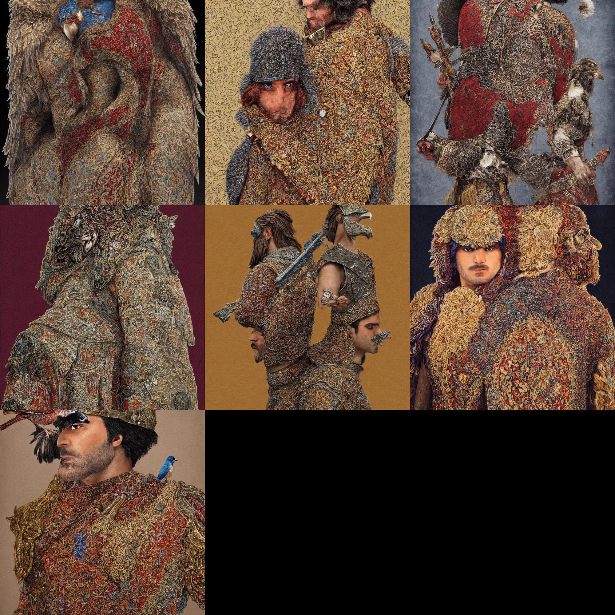 Prompt: photorealistic rendering of a magic Fluffy 3d Persian Carpet warrior, bird on his shoulder, surreal, immense detail, epic, striking