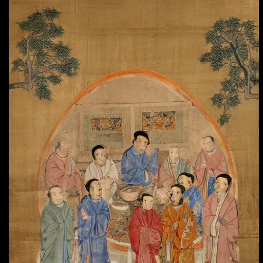 Prompt: a group of Jesuits drawing on Chinese scrolls, 15th century European fresco, masterpiece