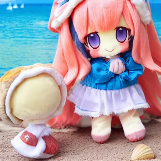 Prompt: cute fumo plush of the girl who loves to collect seashells at the seashore, anime girl