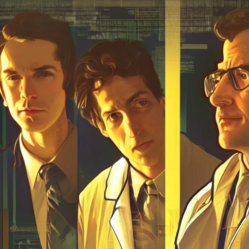 Prompt: Close-up portrait of Three engineers, a doctor, a lawyer and an economist, Joshua Middleton artwork, dramatic backlighting, golden hour, autochrome, high contrast, highly detailed, sharp focus, digital painting, concept art, illustration, cyberpunk, solarpunk, trending on artstation, art by Phil Noto and Alex Toth, composition by alphonse mucha