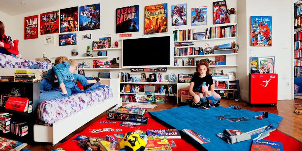 Prompt: insanely detailed wide angle photograph, 9 0 s bedroom, movie posters, homework, box tv, books, backpack, two kids on the floor playing nintendo