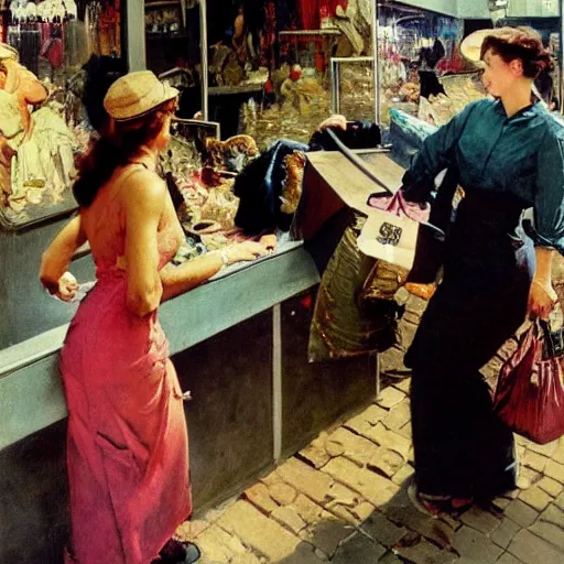 Image similar to action scene of women shopping, oil painting by frank frazetta and norman rockwell, cinematic, hyperreal, intense, highly textured, wide angle, insanely detailed, god rays, 3 5 mm, shallow depth of field