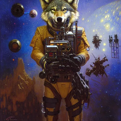 Image similar to portrait of a wolf in uniform as space engineer. shadowrun furaffiniy cyberpunk fantasy highly detailed painting by gaston bussiere craig mullins jc leyendecker gustav klimt artgerm greg rutkowski john berkey, bergey, craig mullins, ruan jia, raymond swanland, jeremy mann, tom lovell, alex malveda