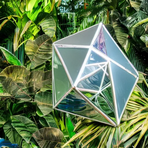 Image similar to high quality dslr photograph of a highly reflective chrome octahedron in a tropical greenhouse. alien structure, masterpiece, stunning, amazing, super resolution. atmospheric, Extremely detailed