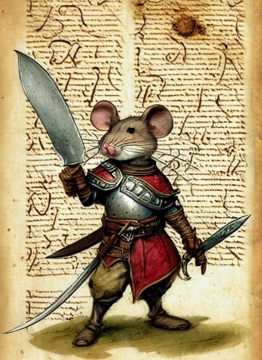 Prompt: a heroic mouse knight with sword and shield on a parchment background, redwall, jean baptiste monge, detailed, epic fantasy concept art