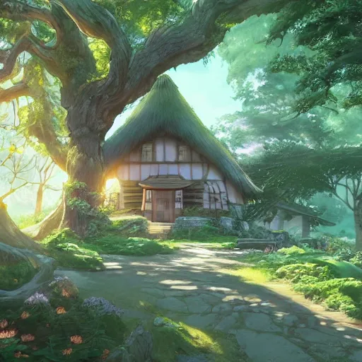 Image similar to beautiful house on a forest path, beautiful ancient trees, hiding large treasure chest, serene evening atmosphere, james jean, soft lens, soft light, cel - shading, animation, in the style of cgsociety, deviantart, artstation, zbrush, cinema 4 d, studio ghibli, akihiko yoshida, atelier lulua, masamune shirow