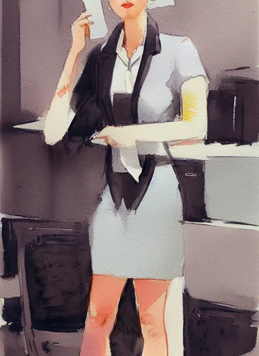 Image similar to concept art of a modern office life, young attractive business woman, pencil miniskirt, pinterest, artstation trending, behance, watercolor *, by coby whitmore, silver, laser light,