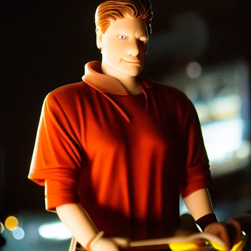 Prompt: still image of fry from futurama in the dark knight, cinematic, anamorphic, 8 0 mm f / 2. 8 l, 3 5 mm film, movie