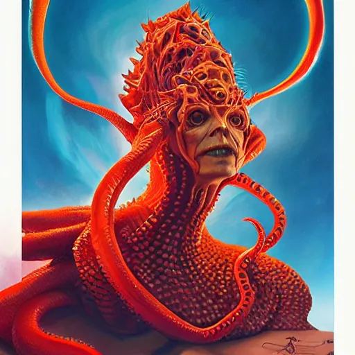 Image similar to queen of hell portrait of Tilda Swinton, fire and flame, big long hell serpent octopus, Pixar style, by Tristan Eaton Stanley Artgerm and Peter Mohrbacher and Tom Bagshaw and Boris Vallejo.