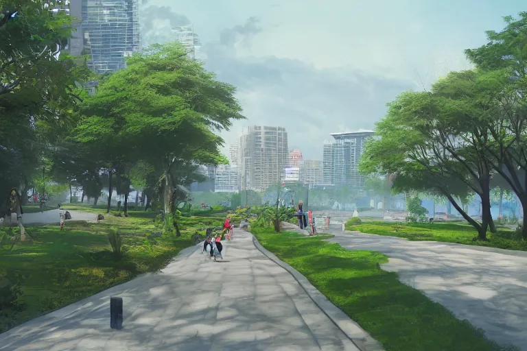 Image similar to Linear park and esplanade along Pasig River, concept art, artstation