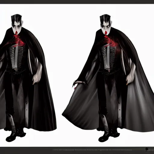 Prompt: a vampire, male, late - 4 0 s aged, long, slicked black hair, clean shaven, wearing a cape, regal, royal, grim facial expression, high medieval fantasy, full color digital art, cinematic shot, full body shot.