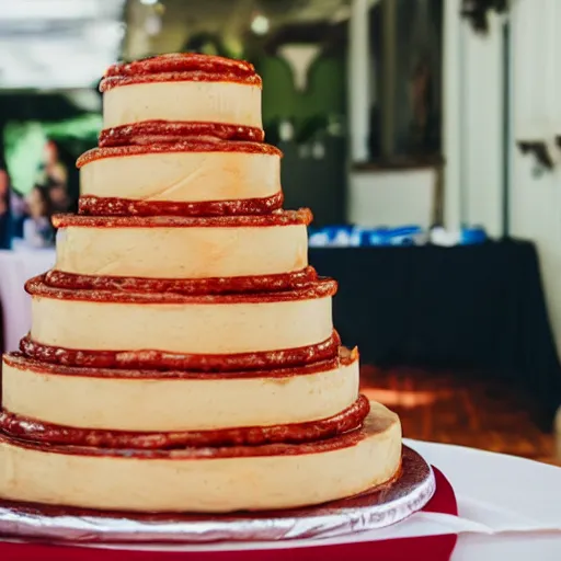 Image similar to a wedding cake made entirely out of sausages with ketchup sauce. During wedding. Highly detailed 8k