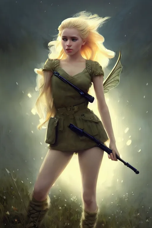 Image similar to cinematic shot of an epic portrait of a cute blonde fairy dressed in military clothes, stylised military clothes, shiny skin, beautiful eyes, beautiful, small details, night setting, realistic poster with volumetric light from craig mallism, artgerm, jeremy lipkin and michael garmash, unreal engine, radiant light, digital art, trends at art station, a masterpiece