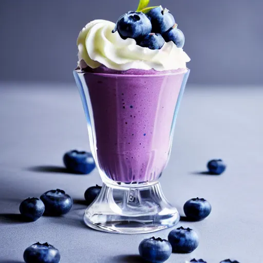 Prompt: delicious looking blueberry milkshake, blueberries on the side, whipped cream on top, milkshake glass, 8 k resolution, professional food photography, studio lighting, sharp focus, center frame, hyper - detailed