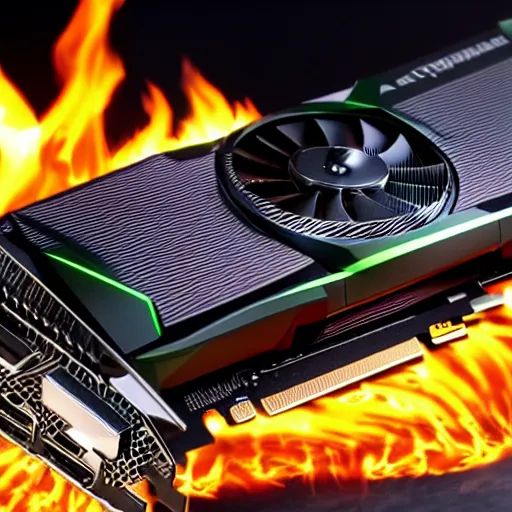 Image similar to NVIDIA graphics cards in fire, hyper-realistic, 8K HDR