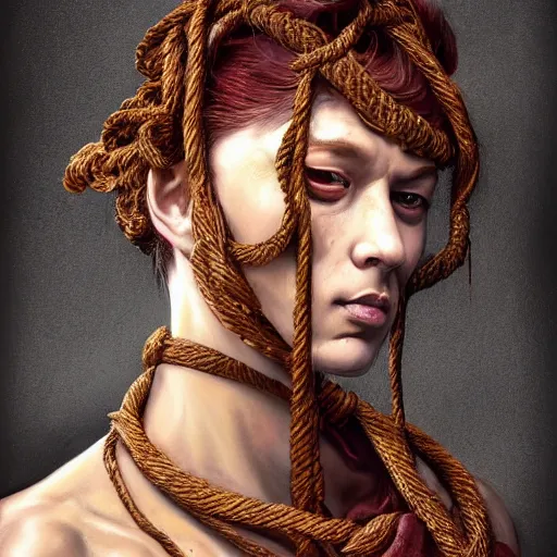 Image similar to portrait of a Shibari rope wrapped face and neck, headshot, insanely nice professional hair style, dramatic hair color, digital painting, of a old 15th century, roman soilder, amber jewels, baroque, ornate clothing, scifi, realistic, hyperdetailed, chiaroscuro, concept art, art by Franz Hals and Jon Foster and Ayami Kojima and Amano and Karol Bak,