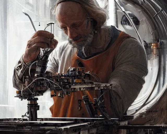 Image similar to portrait of a man building a machine in a science fiction futuristic environment, by ( leonardo da vinci ), sharp focus, intense emotion, illustration, centered, intricate, artstation, detailed facial expression, elegant, highly detailed, digital painting, concept art, wlop, smooth, detailed surroundings
