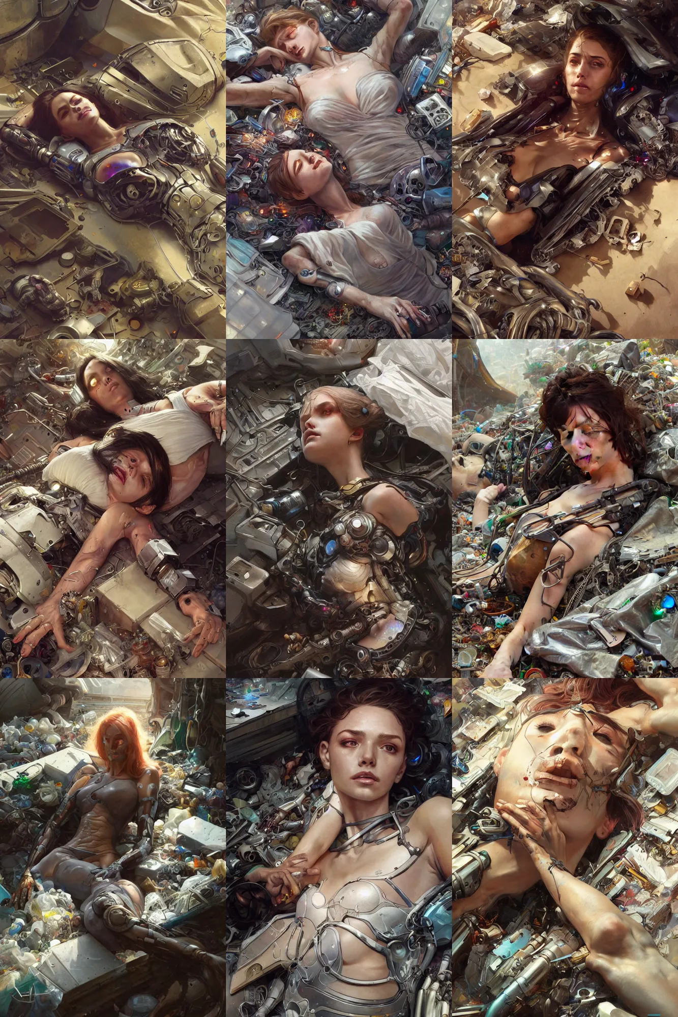 Prompt: Ultra realistic, dead cyborg woman lying among the garbage + detailed face, cyberpunk, sci-fi, fantasy, intricate, elegant, highly detailed, digital painting, artstation, concept art, smooth, sharp focus, illustration, art by artgerm and greg rutkowski and alphonse mucha