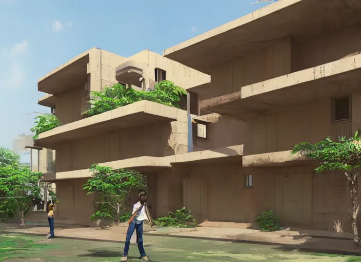 Prompt: low - cost housing designed by architect b v doshi, contemporary indian architecture style ; realistic, detailed, cel shaded, in the style of makoto shinkai and greg rutkowski and james gurney