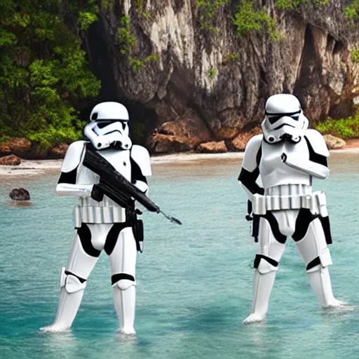 Prompt: storm troopers vacationing in thailand, photoreal