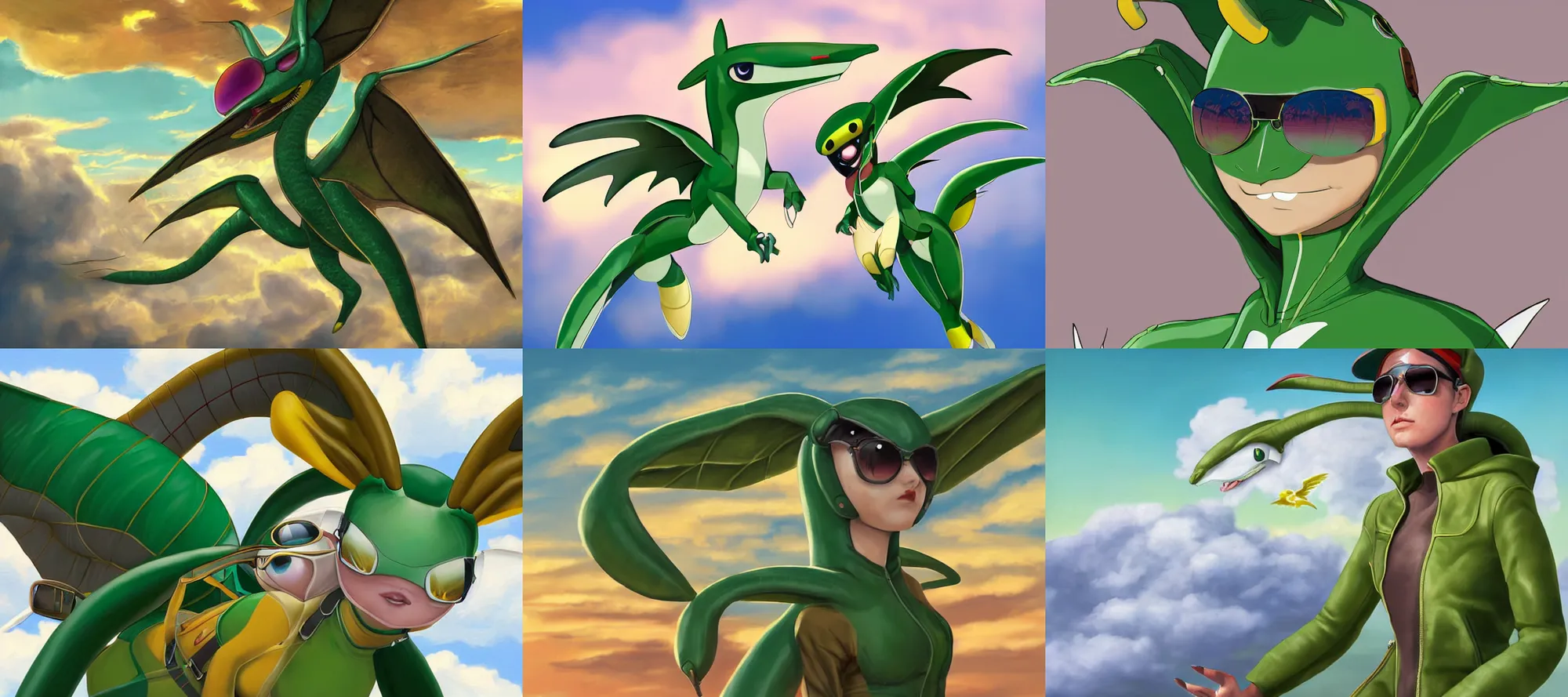 Prompt: high resolution digital painting of realistic female flygon anthro wearing aviators and aviator jacket while flying through the clouds of the yellow morning sky