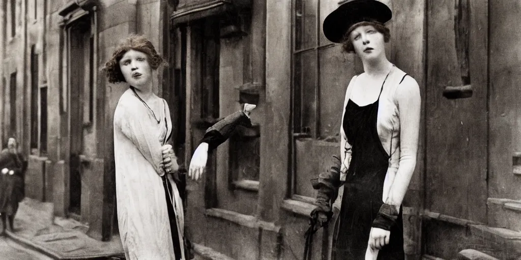 Image similar to dream a young red haired woman with freckles looks deeply into the camera, 1920's london street, 100, 50mm, art nouveau, f4.0, style of Joel Meyerowitz, gustav klimpt