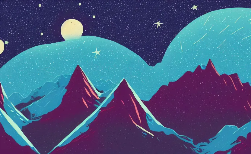 Prompt: mountains, stars and paisley filled sky, artstation, intricate, highly detailed, digital painting, concept art, sharp focus, illustration by Tom Whalen and Charles Williams