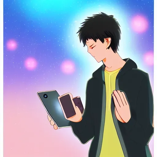 Image similar to a male teenager praying for a divine smartphone in front of him, digital art, anime style