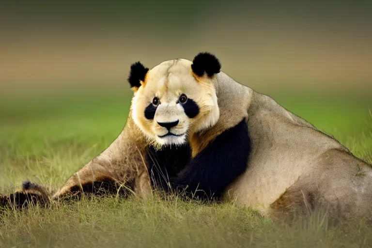 Image similar to a lion panda!!! hybrid! hyper realistic!! realistic lighting!! wildlife photographer of the year!!! bold natural colors, national geographic, hd, wide angle, 8 k