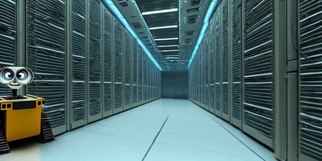 Prompt: wall - e in big server room high - detalysed shot from george lucas movie
