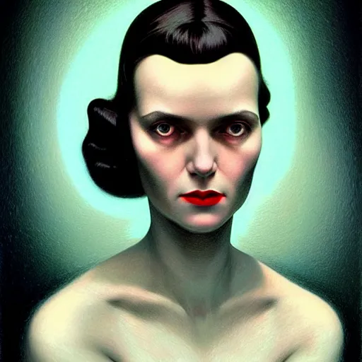 Prompt: concept portrait of woman from 2 0 s decade of xx century, dark atmosphere, lovecraftian setting, lynchian atmosphere, film noir, concept art, art by kuvshinov ilya and zdislav beksinski and wayne barlowe