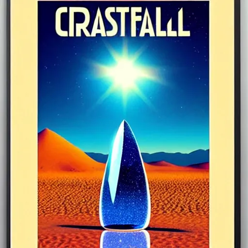 Prompt: poster big crystal in the desert, reflection from the crystal is sparkling due to sun, small starship near, futuristic, hi-tech details, style jean giraud