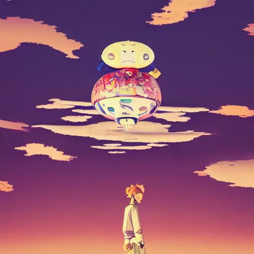 Image similar to a man walking on clouds above kyoto by takashi murakami, beeple and james jean, aya takano color style, 4 k, super detailed