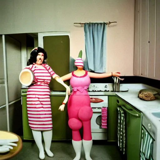 Prompt: 1976 two curvy women in a vintage kitchen baking a cake wearing an inflatable long prosthetic snout nose made of gooey green slime, soft color wearing stripes sitting on chairs covered in soft fabric, pink slime everywhere, grey striped walls, studio lighting 1976 color film archival footage holding a hand puppet that looks like Porky Pig, 16mm Russ Meyer John Waters Almodovar Doris Wishman