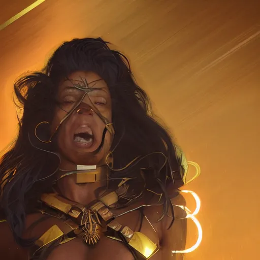 Image similar to portrait of tall hyper - muscular bronze - skinned warrior woman with long flowing black hair and big gold earrings, volumetric lighting, dynamic composition, art by sachin teng and sergey kolesov and ruan jia and heng z, scifi, hyper detailed, ultra realistic, sharp focus, wildlife photography, national geographic, octane render, concept art